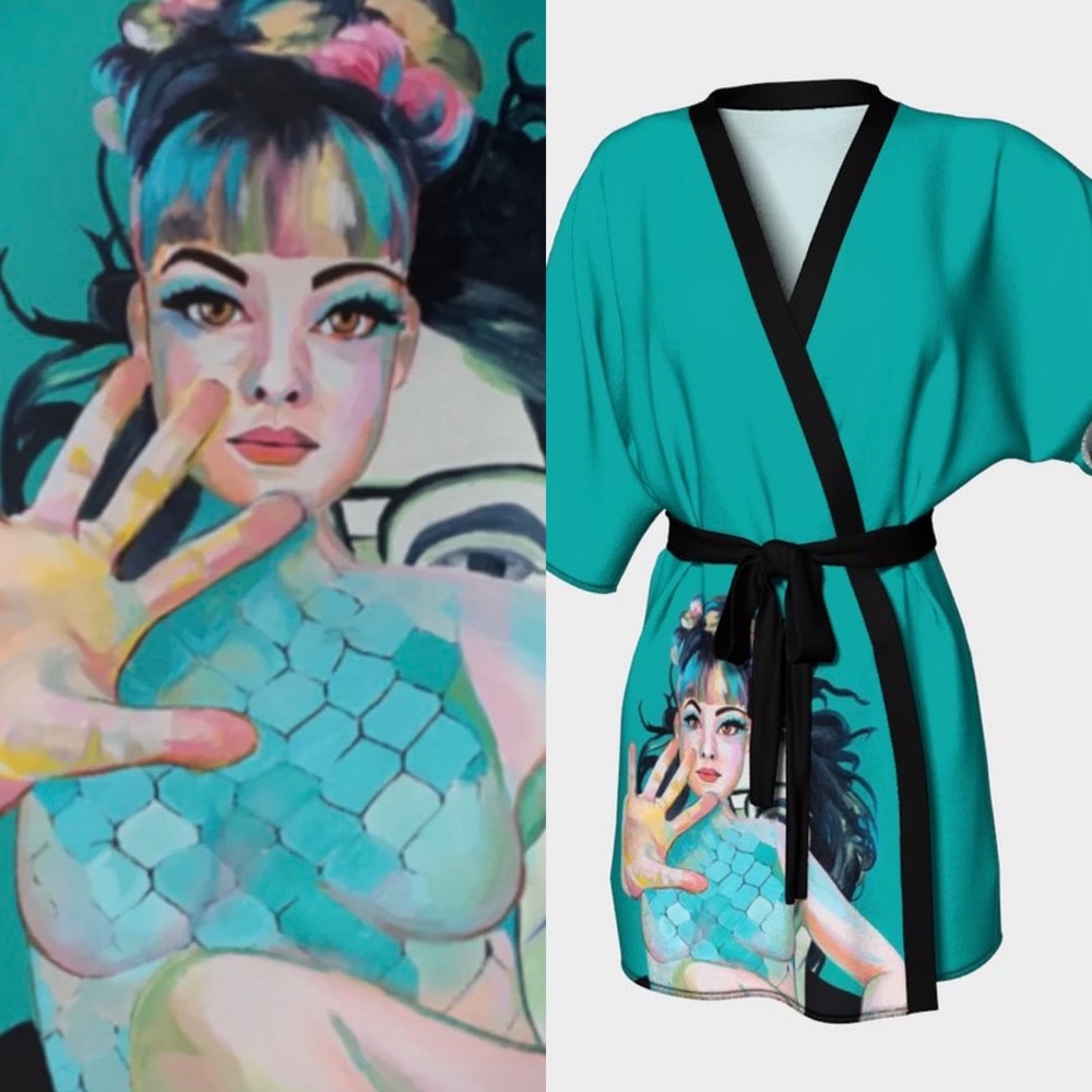 Mermaid Kimono Robe Silky Knit Aqua Turquoise & Black Artwear Luxe Art Print M
